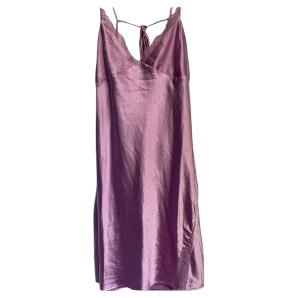 Purple Satin Mini Dress with Lace Hem Slit Details with Adjustable Straps XXL